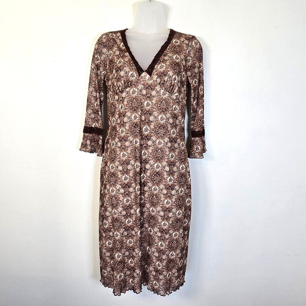 Xhilaration Baby Doll Dress Women's S Brown Floral Crochet Trim Forest Fairy Y2K